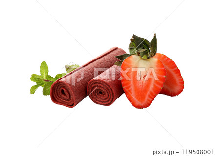 PNG, Red rolls of fruit pastille and two half of strawberry, isolated on white background PNG, Red rolls of fruit pastille and two half of strawberry, isolated on white background 119508001
