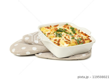 Concept of tasty and delicious homemade food - potato casserole, isolated on white background 119508021