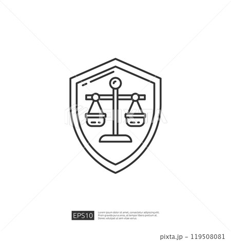 Law and Justice Shield Icon. Lawyer and Legal Protection Symbol with Scale of Justice. Vector Illustration. 119508081