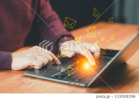 Technology and lifestyle concepts, Email Marketing and Newsletters. Male hand using computer laptop and sending online message with email icon. 119508396