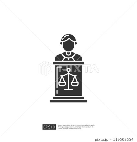 A simple graphic representation of a judge behind a podium, featuring scales of justice, symbolizing law and order. A simple graphic representation of a judge behind a podium, featuring scales of justice, symbolizing law and order. 119508554