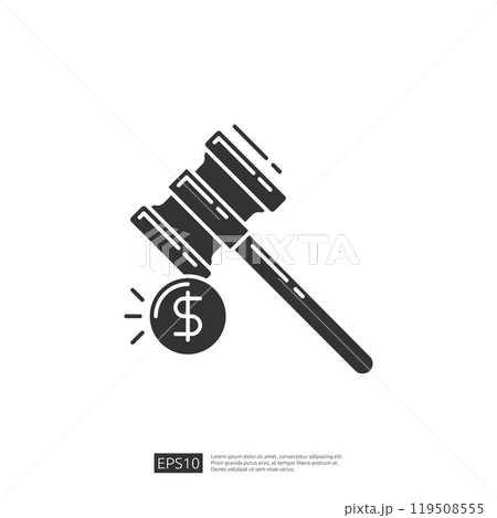 A stylized illustration of a gavel and a dollar sign, representing legal proceedings and financial matters. 119508555