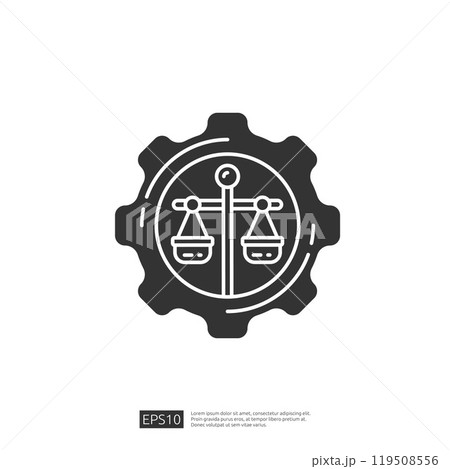 A stylized icon featuring a balance scale enclosed within a gear, symbolizing the intersection of law and industry. 119508556