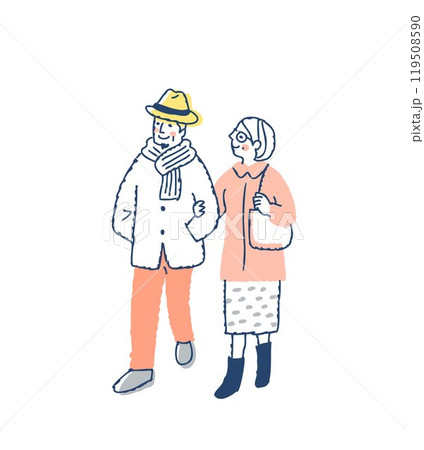腕を組んで歩いている冬服のシニアカップル 腕を組んで歩いている冬服のシニアカップル 119508590