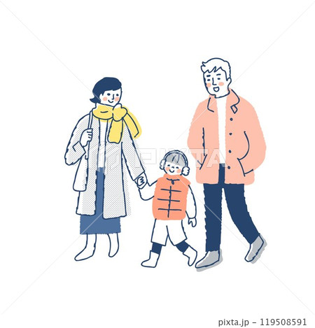 一緒に歩いている冬服の3人家族 119508591