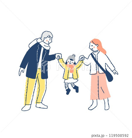 子供と手つなぎジャンプをしている冬服の家族 子供と手つなぎジャンプをしている冬服の家族 119508592