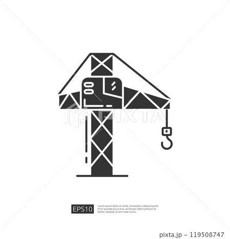 A simple graphic representation of a construction crane, illustrating its structure and functionality, often used in building and construction projects. 119508747