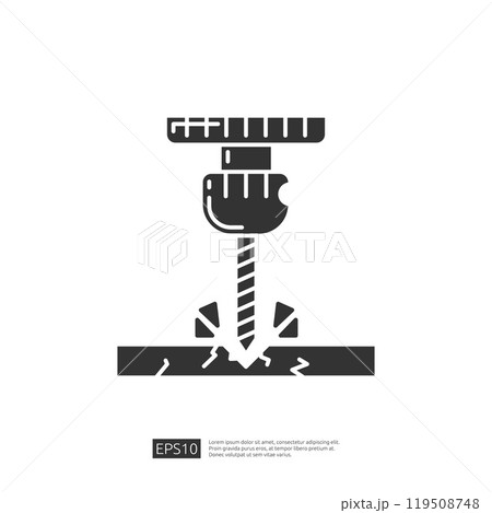 The image depicts a drill bit being used to penetrate a surface, symbolizing construction or manufacturing processes. 119508748