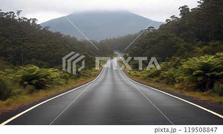 Peaceful Road Surrounded by the Calm Beauty of Nature on Both Sides 119508847