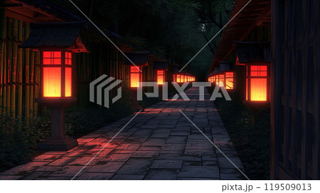 Tranquil stone path winds through a landscape flanked by tall bamboo 119509013