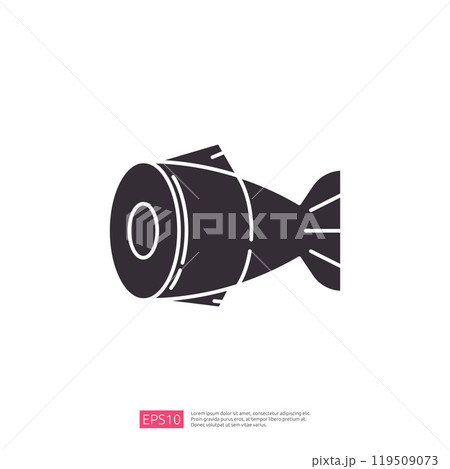 A simple black silhouette of a fish, designed with a cylindrical body and a tail, representing aquatic life or fishing themes. 119509073