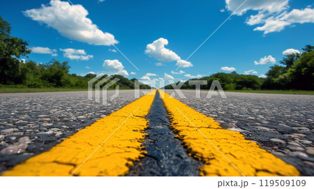 Smooth asphalt road cuts a path through a tranquil countryside, bordered by lush fields Smooth asphalt road cuts a path through a tranquil countryside, bordered by lush fields 119509109