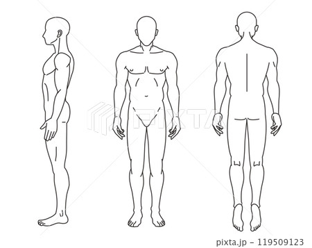 前後横からみた顔無し8頭身男性の全身の線画イラストセット 119509123