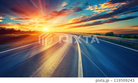 Empty asphalt road glistens under the scorching desert sun 119509243