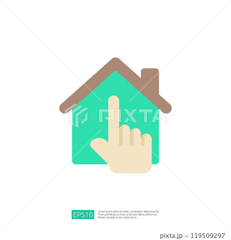 This image features a stylized house icon with a hand pointing at it, symbolizing interaction or selection, often used in digital interfaces. This image features a stylized house icon with a hand pointing at it, symbolizing interaction or selection, often used in digital interfaces. 119509297
