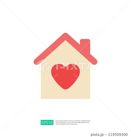 A simple, stylized illustration of a house with a heart symbol, representing love and warmth associated with home. 119509300
