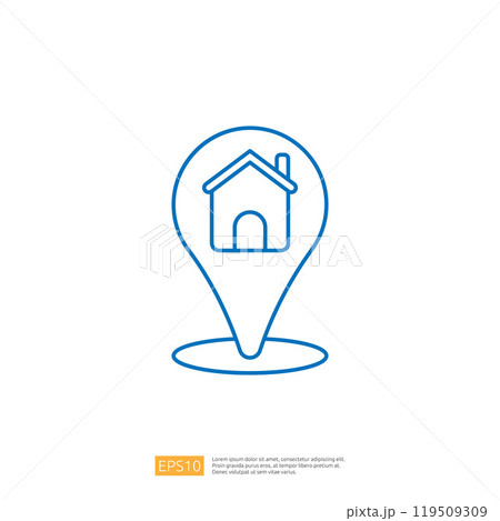 A simple blue outline of a location pin with a house icon inside, symbolizing home or property location. 119509309
