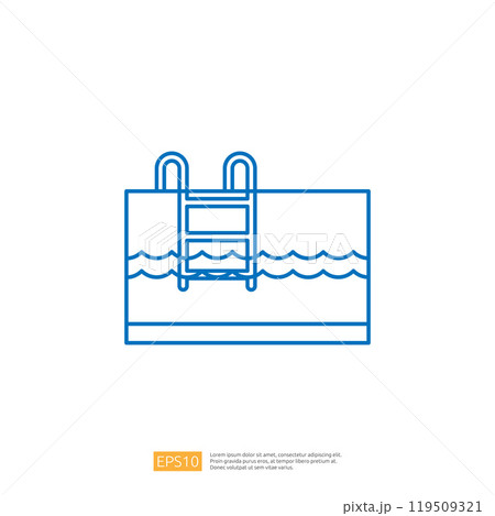 A simple line drawing of a swimming pool with a ladder and waves, representing leisure and relaxation. 119509321