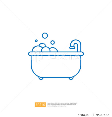 A simple line drawing of a bathtub filled with bubbles, representing relaxation and hygiene. 119509322