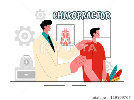 Chiropractor Vector Illustration of a Patient Undergoing Physiotherapy Rehabilitation with an Osteopathy Specialist and Receiving Natural Treatment Chiropractor Vector Illustration of a Patient Undergoing Physiotherapy Rehabilitation with an Osteopathy Specialist and Receiving Natural Treatment 119509767