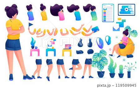 Constructor for creating a young teen girl. Create your own beautiful girl character with a set of hands and feet. Flat 2D vector illustration N6 119509945