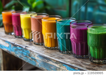 Spirulina smoothie display on a rustic wooden table at a vibrant health cafe 119509995