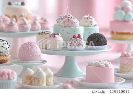 A delightful pastel dessert showcase at a whimsical celebration event 119510015