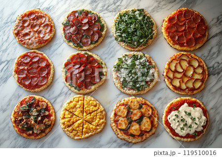 Artistic arrangement of delicious pizzas showcasing diverse toppings on marble 119510016