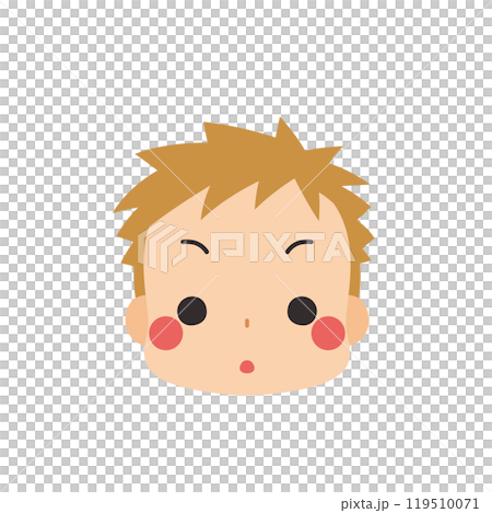 Emoji illustration of a cute little boy blushing, icon, face, expression, white background, vector 119510071