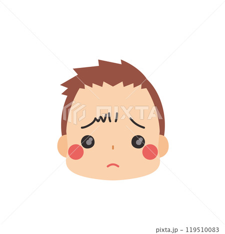ぴえんな表情の可愛い小さな男の子の絵文字イラスト　アイコン　顔　白背景　ベクター 119510083