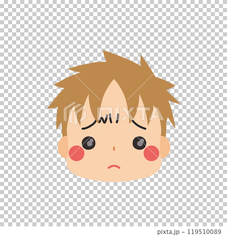 Emoticon illustration of a cute little boy with a sad expression, icon, face, white background, vector 119510089