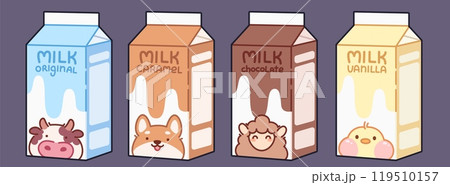 Milk in cardboard package with kawaii animal Milk in cardboard package with kawaii animal 119510157