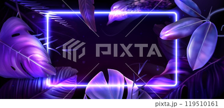 Purple tropical leaves and neon frame for party 119510161