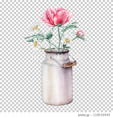 Watercolor bouquet of delicate pink peony and chamomile flowers in full bloom. Hand drawn illustration beautiful floral flower in light color metal can for milk. Summer botanical plant on isolated. 119510545