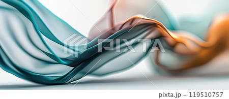 Delicate silk ribbons undulate gracefully, showcasing calming shades of teal and amber in a serene dance of color and texture. 119510757