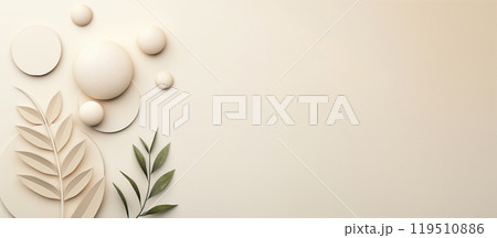 Delicate leaves and subtle circles blend together, offering a calming aesthetic that invites tranquility and reflection in a minimalist design. 119510886