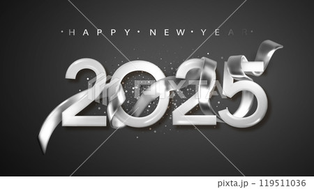 2025 Happy New Year with silver realistic ribbon on black background. Christmas holiday background. 119511036