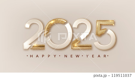 2025 Happy New Year design. Realistic gold metal number for premium Christmas festive vector design for poster, banner, greeting. 119511037