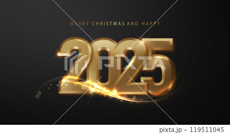 2025 New Year and Merry Christmas banner. Golden 3D realistic metal number and shiny gold wave design, radiating elegance and celebration 119511045