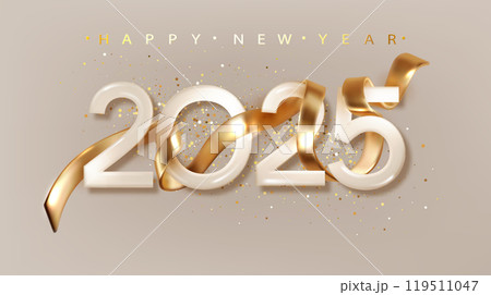 2025 Happy New Year with golden realistic ribbon. Banner for Christmas holiday 119511047