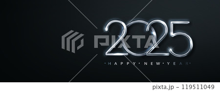 Happy new year 2025 with shiny silver thin number. Premium design for New Year and Christmas greetings for banners, holiday background. 119511049