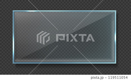 Glass plates isolated on dark background. Transparent panel plates or frames for placing name. Realistic glass transparent background. Glass plates isolated on dark background. Transparent panel plates or frames for placing name. Realistic glass transparent background. 119511054