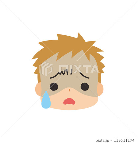 冷や汗をかく可愛い小さな男の子の絵文字イラスト　アイコン　顔　表情　白背景　ベクター 119511174