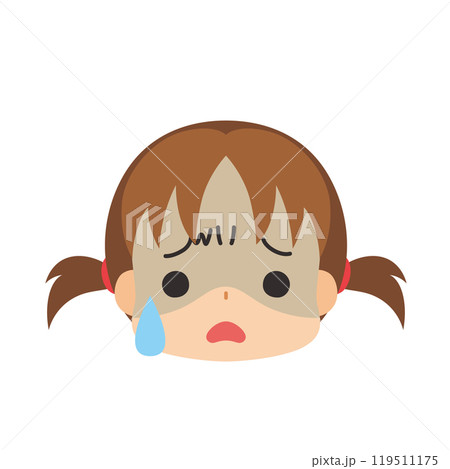 冷や汗をかく可愛い小さな女の子の絵文字イラスト　アイコン　顔　表情　白背景　ベクター 119511175