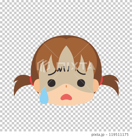冷や汗をかく可愛い小さな女の子の絵文字イラスト　アイコン　顔　表情　白背景　ベクター 119511175