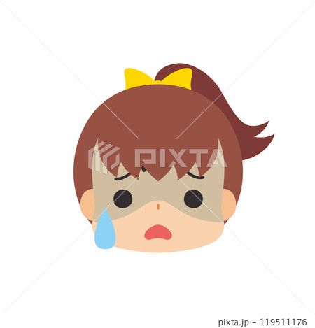 冷や汗をかく可愛い小さな女の子の絵文字イラスト　アイコン　顔　表情　白背景　ベクター 119511176
