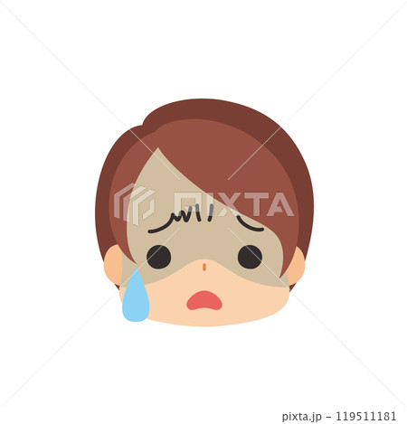 冷や汗をかく可愛い小さな女の子の絵文字イラスト　アイコン　顔　表情　白背景　ベクター 119511181