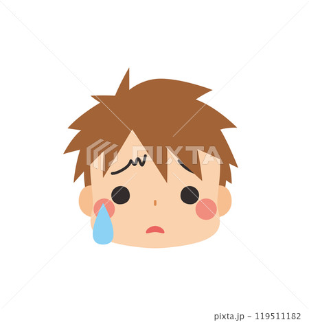困っている可愛い小さな男の子の絵文字イラスト　アイコン　顔　表情　白背景　ベクター 119511182
