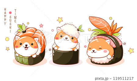 Kawaii Shiba inu and sushi. Cute akita inu puppy playing with sushi. Little dog with rolls. Can be used for t-shirt print, sticker, greeting card, menu design. Vector illustration EPS8 Kawaii Shiba inu and sushi. Cute akita inu puppy playing with sushi. Little dog with rolls. Can be used for t-shirt print, sticker, greeting card, menu design. Vector illustration EPS8 119511217