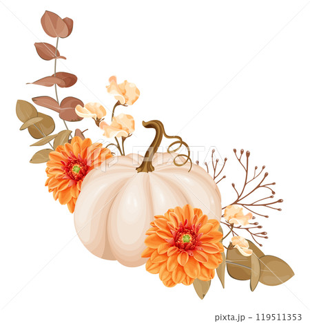 A beautiful autumn-themed vector illustration featuring a beige pumpkin adorned with a vibrant orange dahlia, autumn leaves, berries, and foliage. A beautiful autumn-themed vector illustration featuring a beige pumpkin adorned with a vibrant orange dahlia, autumn leaves, berries, and foliage. 119511353